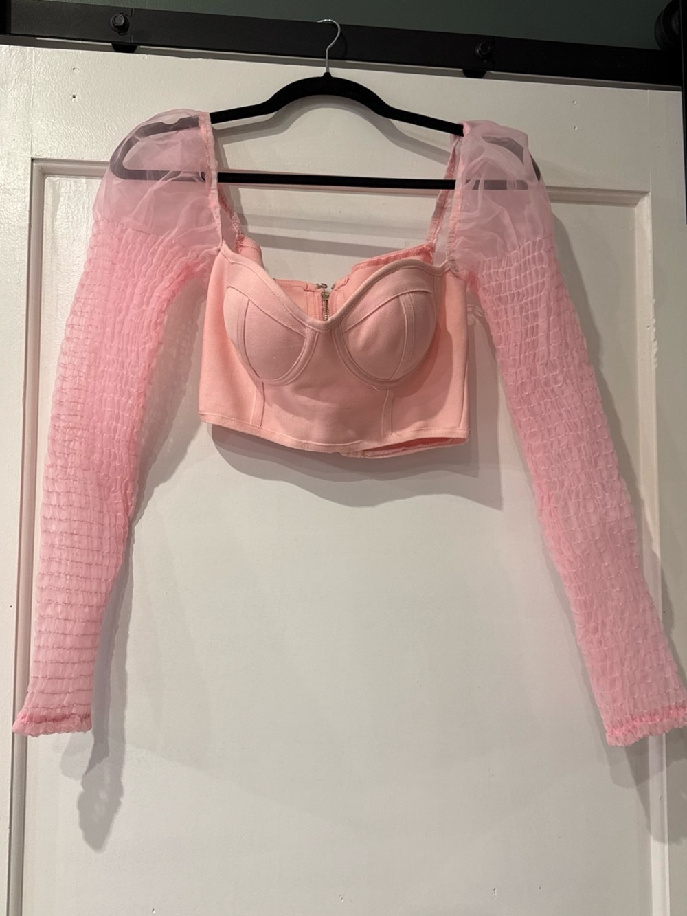 Pink Sheer-Sleeve Crop Top